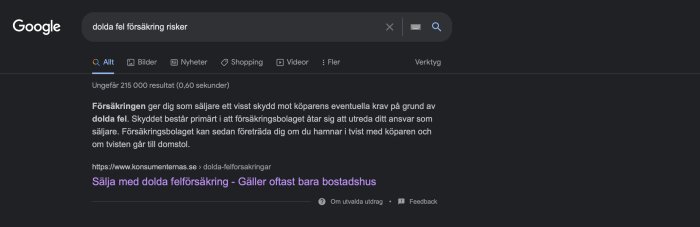 Skärmdump av en Google-sökning på "dolda fel försäkring risker" som visar sökresultat och textsnuttar.