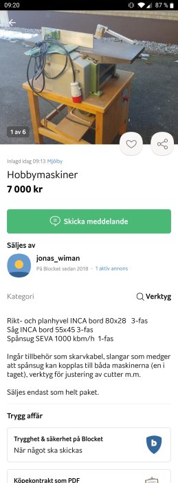 En arbetsbänk med en rikt- och planhyvel INCA och tillbehör i en utomhusmiljö.