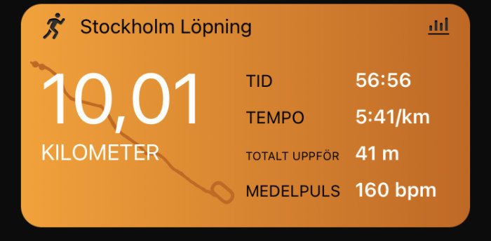 Löparappskärm med distans 10,01 km, löptid 56:56, tempo 5:41/km, höjd 41 m och puls 160 bpm.
