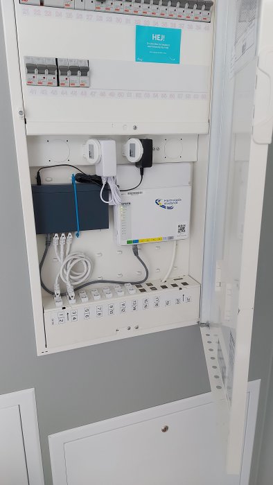 Elskåp med öppen dörr som visar fibermodem, switch, och kablar installerade bredvid säkringspanel.