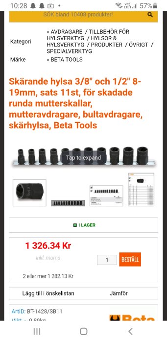 Produktsida för ett set av 11 Beta Tools skärande hylsor för skadade mutterskallar, visar hylsor på rad och prisinformation.