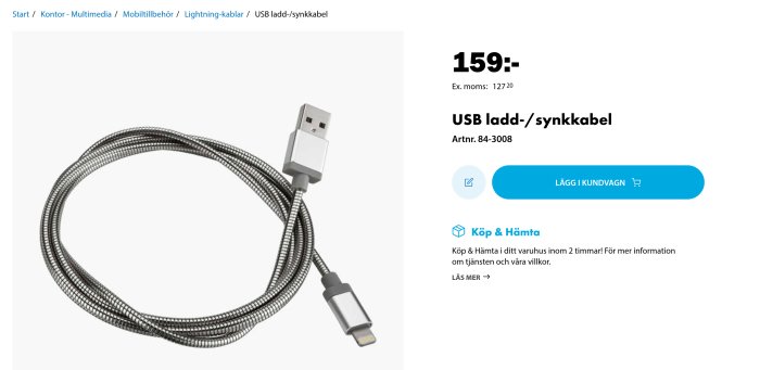 Metallomspunnen USB-ladd- och synkkabel med standard USB och Lightning-kontakt.