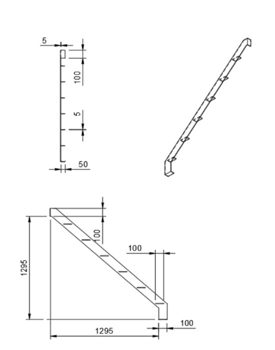 CAD-ritning av trappdesign med vagnsstycken i stål och måttangivelser.