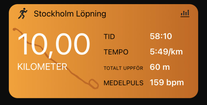 Skärmdump av löpapp med statistik för löpsträcka 10 km i Stockholm, tid 58:10, tempo 5:49/km, total höjd 60 m, puls 159 bpm.