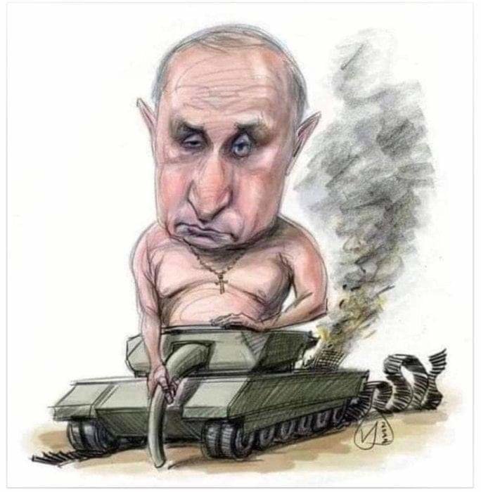 Karikatyr av en person som sitter på en stridsvagn, rök ryker från vagnen, kontroversiellt politiskt tema.