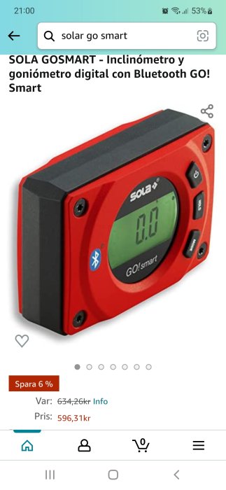 Sola Go Smart digital inclinometer med Bluetooth, visar 0.0° på displayen, röd och svart design, på en webbsida.