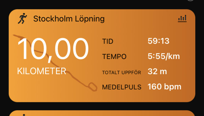 Skärmavbild av löparapp med distansen 10,00 kilometer, tid 59:13, tempo 5:55/km, total stigning 32 m, puls 160 bpm.