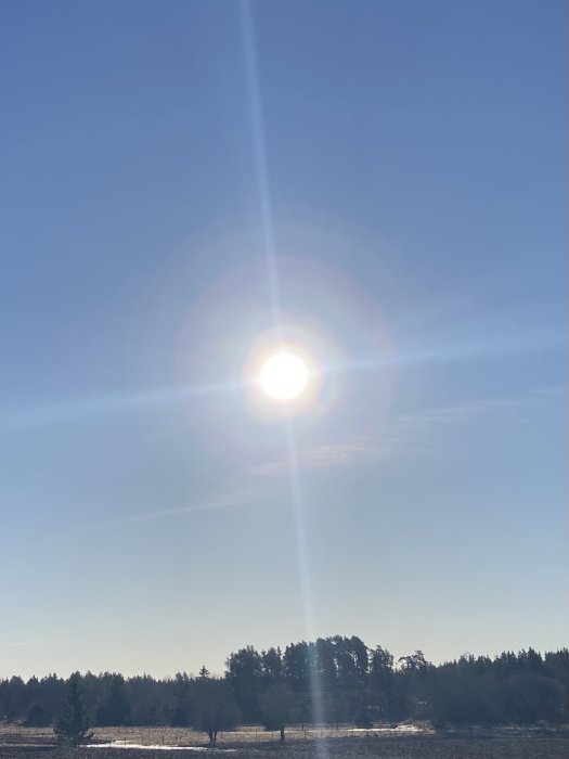 Soliga landskap med något snötäcke och träd i horisonten under en klarblå himmel.