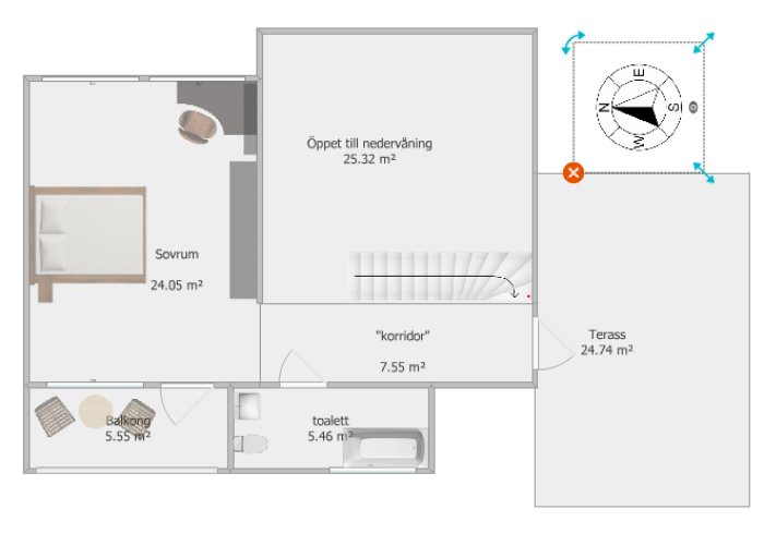 Planritning av ett hus med ett sovrum, badrum, balkong och terrass markerade med mått.