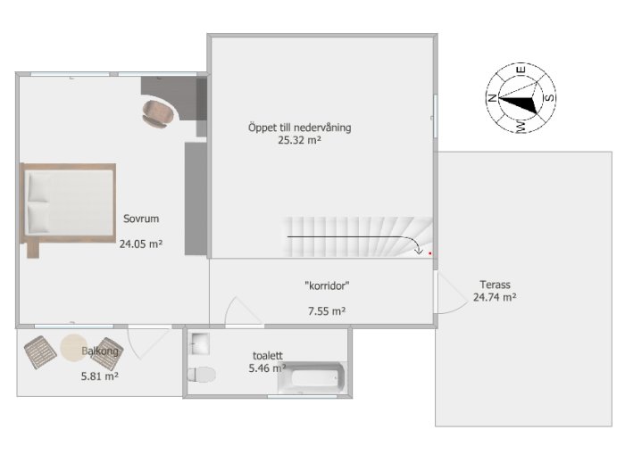 Översiktsplan av ett optimerat hus med sovrum, öppen planlösning till nedervåning, badrum, korridor och terrass.