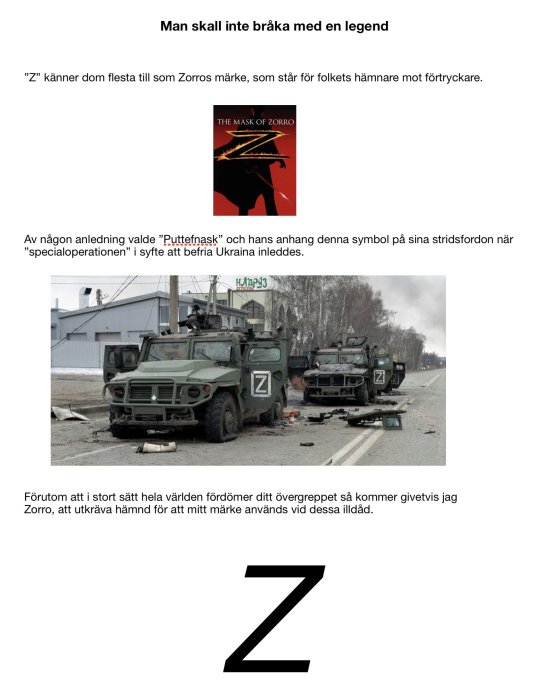 Militärfordon med bokstaven 'Z' målad på sidorna i en förstörd stadsomgivning.