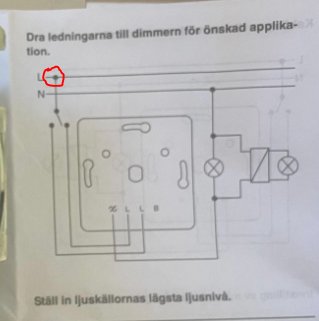 Elritning för installation av strömbrytare och dimmer, med redaktörsanteckning markerad.
