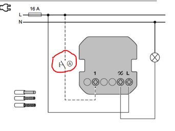 Schema över installation av en dimmer med strömbrytaren inringad.
