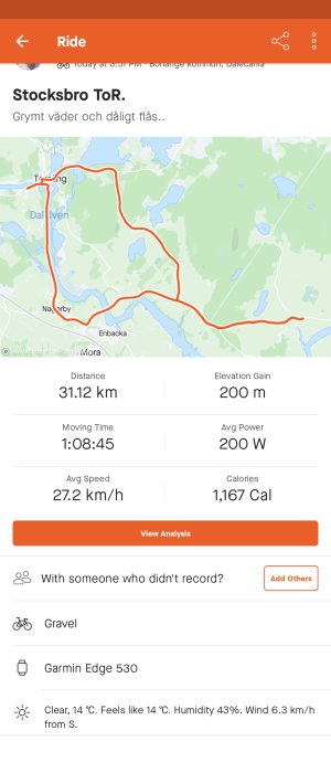 Skärmdump av cykelturdata som visar rutt, distans, tid, hastighet och kaloriförbrukning.
