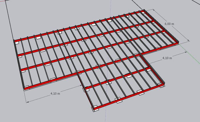 3D-skiss av en konstruktion för trägolv med 45x175 bärreglar och 45x95 reglar på cc 60 cm.