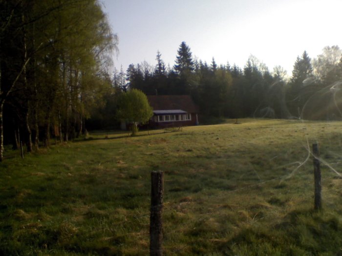 Ett rött hus med vita knutar omgivet av gröna ängar och träd i ett lantligt landskap under tidig morgon eller kvällssol.