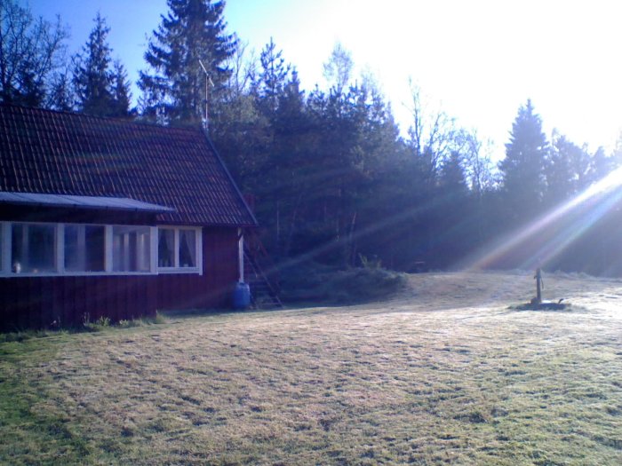 Röd stuga med vita knutar i soligt landskap med gräsmatta, omgiven av skog.