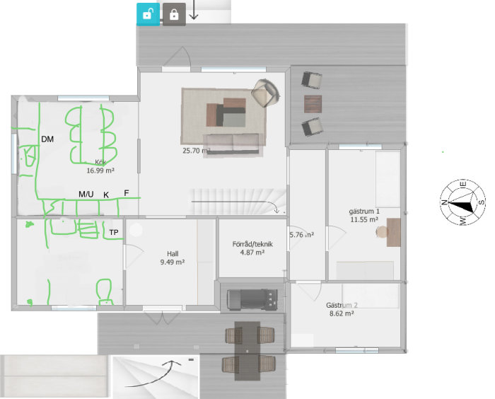 Planritning av ett hus med kök, matplats, badrum och sovrum, indikation på renoveringsförslag.