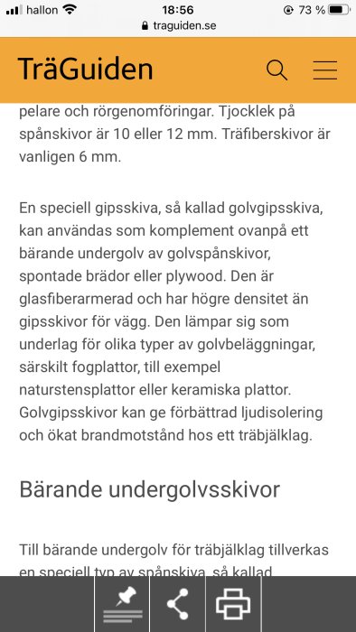 Skärmbild av en webbsida TräGuiden med text om byggmaterial för bättre ljudisolering.