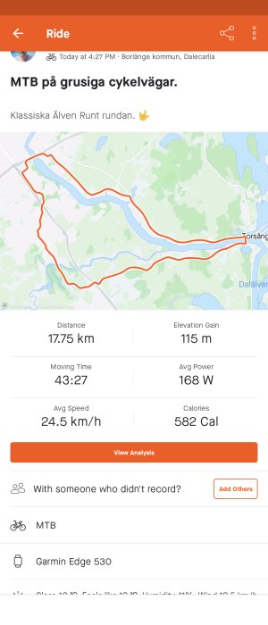 Skärmavbild av cykeltur med statistik och karta över rutten längs grusvägar i Borlänge kommun.