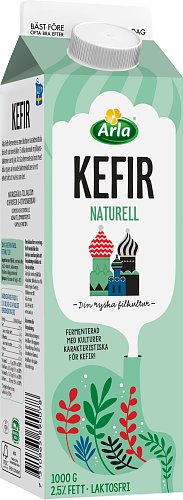 Arla Kefir Natur Naturell förpackning med text och illustrationer.