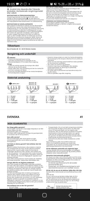 Skärmavbild från en manual som visar olika elektriska anslutningar för en induktionshäll med text på svenska.