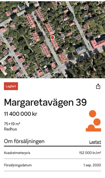 Satellitbild över fastigheten markerad med en cirkel på Margaretavägen 39, med försäljningsinformation.
