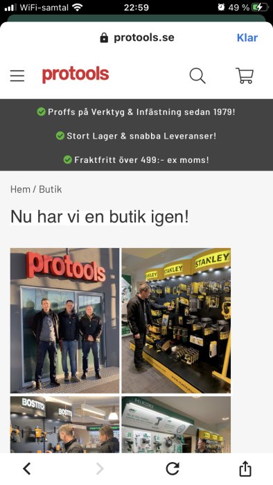 Tre personer står utanför en verktygsbutik med "protools"-skylt, och inuti visas hyllor fyllda med verktyg.