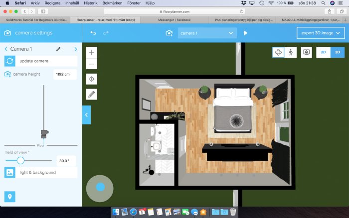 3D-planeringsverktyg som visar ritning av ombyggnation med ny relaxplats, garderober och dörrens nya placering.