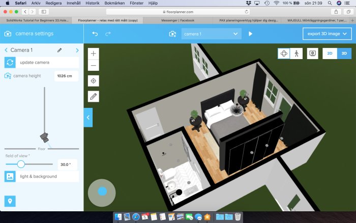 3D-planeringsbild av en ombyggnation med dubbelsäng och garderober i anslutning till ett badrum.