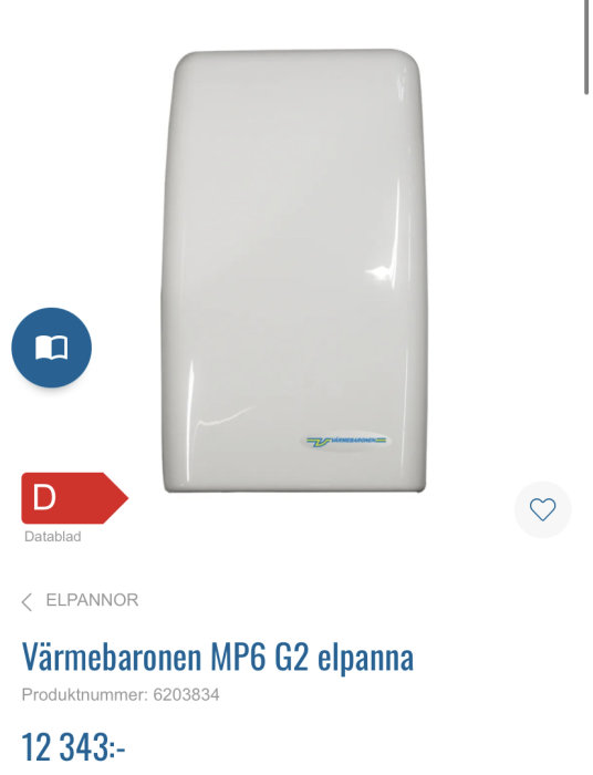 Kompakt vit elpanna Värmebaronen MP6 G2 med produktnummer och pris.