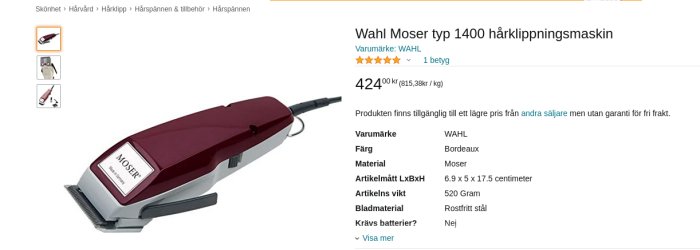 Wahl Moser typ 1400 hårklippningsmaskin i bordeauxfärg ansluten med sladd.