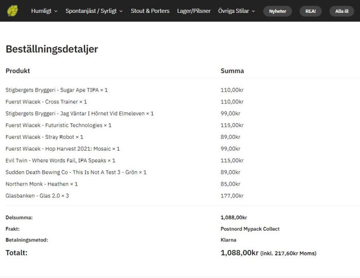 Skärmbild av en beställningsdetaljer-lista med olika ölsorter och deras priser från en webbutik.