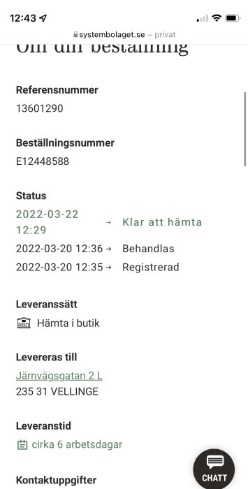 Skärmdump från Systembolaget med en bekräftelse på beställning som är klar att hämtas.