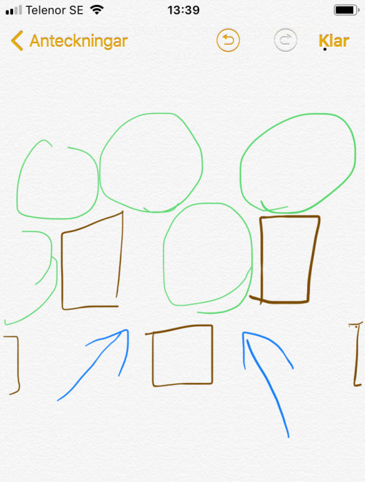 Handritad skiss som visar olika vikningar på stänger, med cirklar och fyrkanter för att representera olika former och perspektiv.