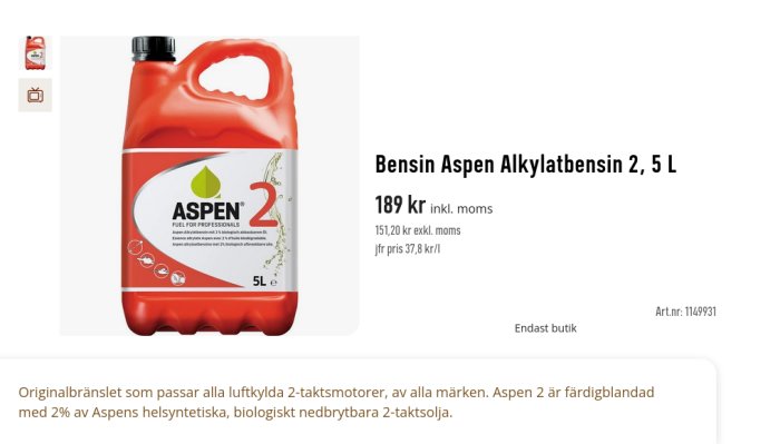 Röd 5-litersdunk av Bensin Aspen Alkylatbensin 2, prissatt till 189 SEK inklusive moms.