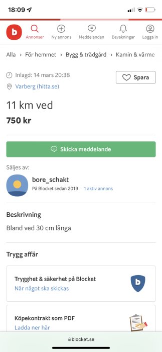 Skärmdump av en Blocket-annons som erbjuder 11 kubikmeter ved för 750 kronor i Varberg.