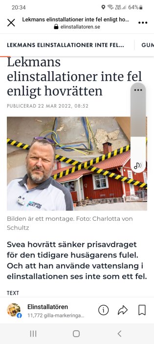 Montagebild av en man framför en röd stuga med avspärrningstejp, diskuterar lekmans elinstallationer.