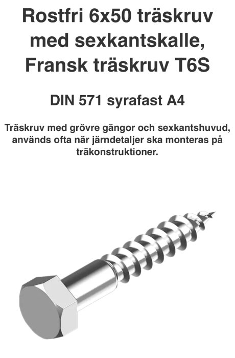 Rostfri träsruv med sexkantshuvud av typ DIN 571 syrafast A4, 6x50 storlek.