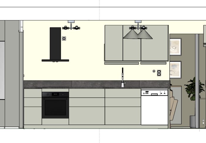 Ritning av ett kök med osymmetrisk fläktuttag placering ovanför ett 60cm skåp, utan väggskåp.