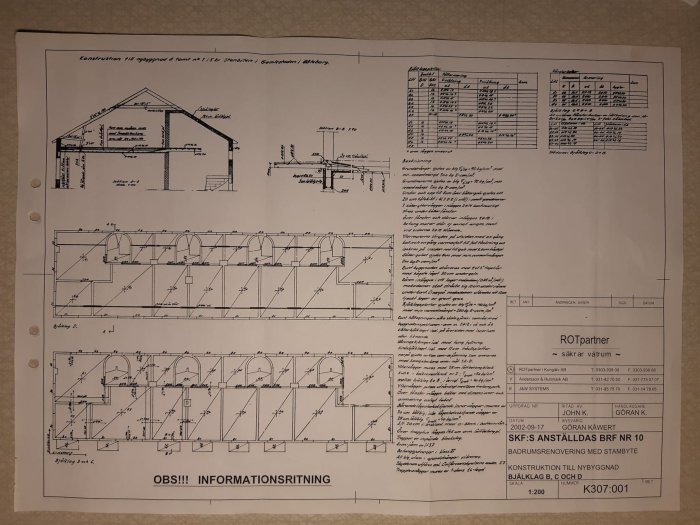 Konstruktionsritning av ett bjälklag med tekniska specifikationer och måttangivelser, märkt som informationsritning.