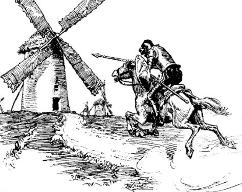 Illustration av Don Quijote och Sancho Panza på hästryggar nära väderkvarnar.