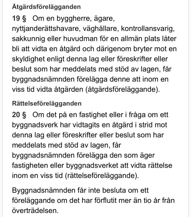 Textutdrag från Plan- och bygglagen med paragrafer 19 och 20 om åtgärdsföreläggande och rättelseföreläggande.