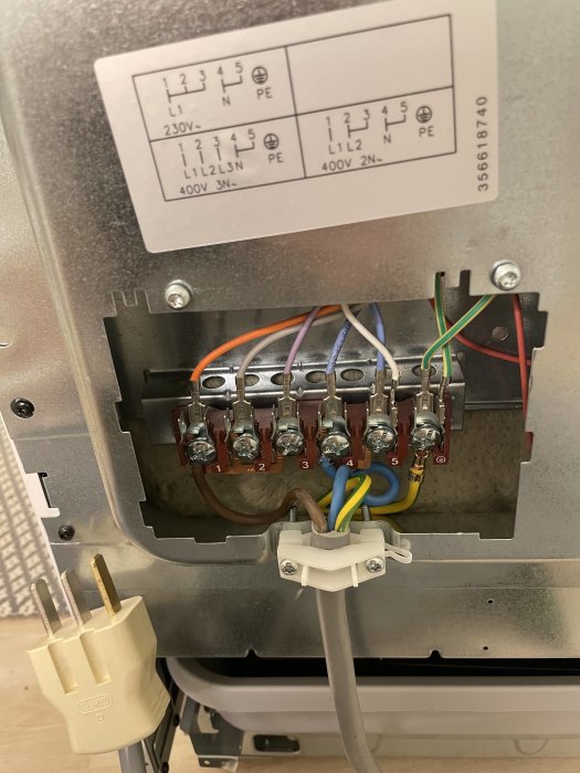 Bakre vy av en spis med elektriska ledningar kopplade till ett 230V Elko-uttag och schematisk etikett.
