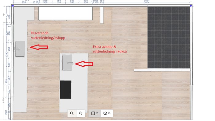 Ritning av köksrenovering som visar nuvarande och extra avlopp samt vattenledningar i en köksö.