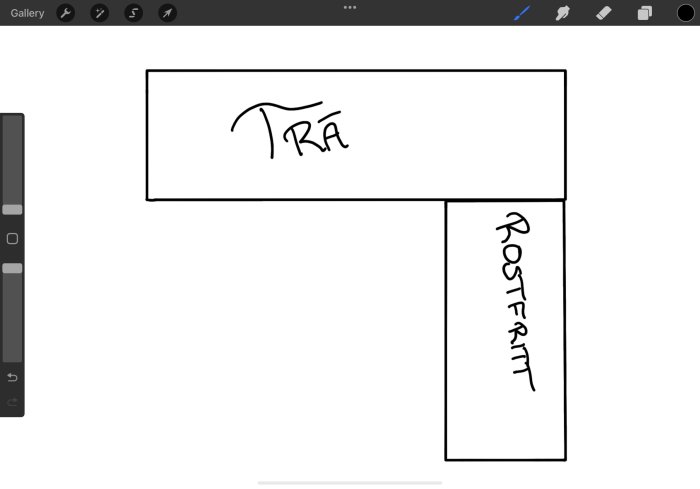 Skiss visar träbänkskiva som möter en rostfri yta i kök, planlösning inför fogning.