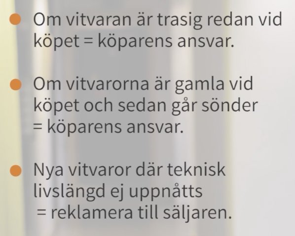 Skärmdump visar en lista med punkter om ansvar vid köp av vitvaror, betonar punkt två om gamla vitvaror.