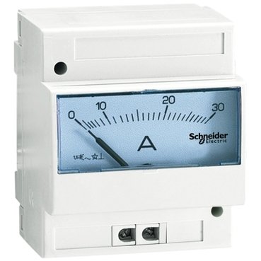 Schneider Electric analog amperemeter Acti9 utan skala för panelmontage, visas omonterad.