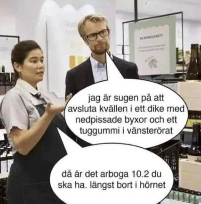 Två personer i en butik med pratbubblor innehållande dialog om ölsort.