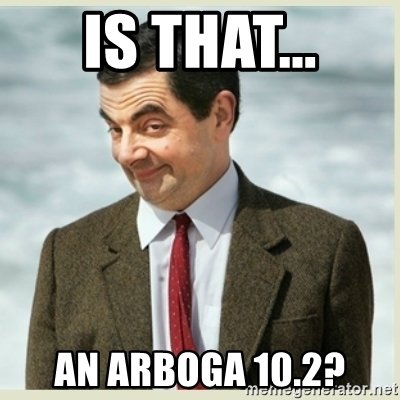Person med ögonbrynen höjda och leende, texten "IS THAT... AN ARBOGA 10.2?